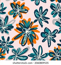 Seamless nature hand drawn pattern with flowers