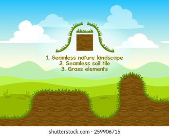 Seamless nature landscape with soil tile and grass elements for game design