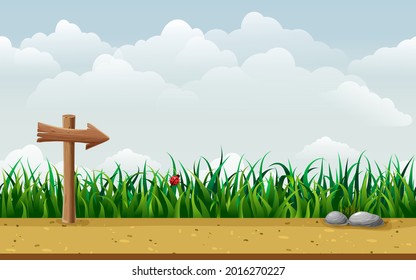 nahtlose Naturlandschaft mit hölzernem Führer. endloser Parallaxhintergrund mit Schild in Gras, Boden, Steinen, Straße und blauem Himmel. Cartoon Landschaftsbild. Sommerwaagerechte