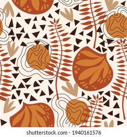 Seamless nature pattern. Abstract  shapes and botanical elements, drawing on  white background, hand drawn, minimalist,  packaging, wallpaper, design for textiles, vector illustration.