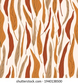 Seamless nature pattern. Autumn colors.  Abstract plants,  leaves, drawing on  white background, hand drawn, minimalist,  packaging, wallpaper, design for textiles, vector illustration.