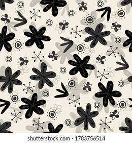Seamless nature pattern background with monochrome flowers.