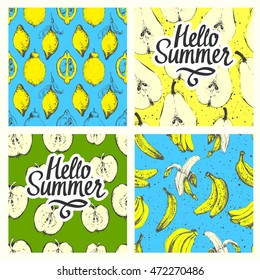 Seamless nature pattern with banana, apple, lemon and pear in sketch style on yellow, blue, green background. Hand-drawn illustration. Fresh organic food. Hello summer.