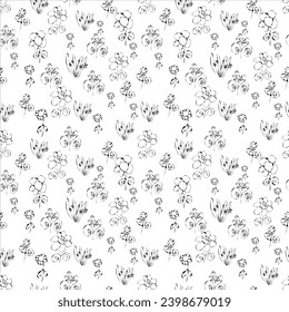 Seamless nature pattern with black and white hand drawn flowers of different sizes. Vector illustration.