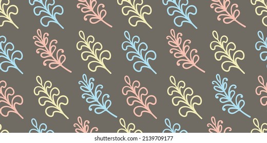 Seamless Nature Pattern with Branches and Leaves. Floral Pastel Background, Sketch, Graphic Print.