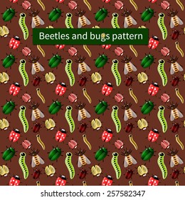 Seamless nature pattern. Brown background with cute yellow, green, brown bugs and caterpillars. Fabric, wallpaper, pattern fills, web page background.