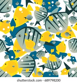 Seamless nature pattern with cute big fish in white color. Funny marine life background with animal in chaotic manner. Cartoon hand draw style. Vector illustration