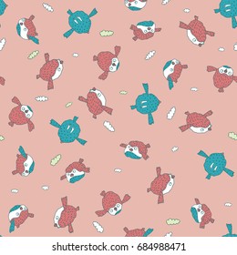 Seamless nature pattern with cute birds in red color. Funny background with animal in chaotic manner. Cartoon hand draw style. Vector illustration