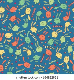 Seamless nature pattern with cute bunny or rabbit in blue color. Funny background with animal in chaotic manner. Cartoon hand draw style. Vector illustration