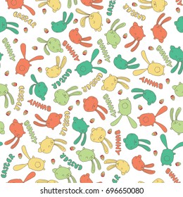 Seamless nature pattern with cute bunny or rabbit in white color. Funny background with animal in chaotic manner. Cartoon hand draw style. Vector illustration