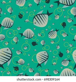 Seamless nature pattern with cute fish in green color. Funny marine life background with animal in chaotic manner. Cartoon hand draw style. Vector illustration