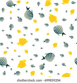 Seamless nature pattern with cute fish in white color. Funny marine life background with animal in chaotic manner. Cartoon hand draw style. Vector illustration