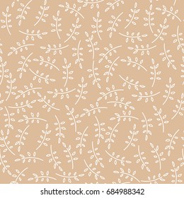 Seamless nature pattern with cute twigs in brown color. Foliage background with leaves in chaotic manner. Cartoon hand draw style. Vector illustration