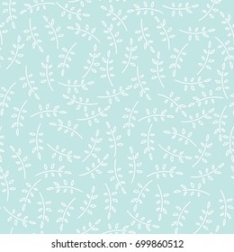 Seamless nature pattern with cute twigs in blue color. Foliage background with leaves in chaotic manner. Cartoon hand draw style. Vector illustration