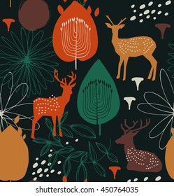 Seamless nature pattern with deers. Forest silhouette background. Vector decorative texture