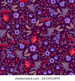 Seamless nature pattern with embroidered blue and red flowers and red berries on a deep purple background. Floral embroidery, print for fabric.