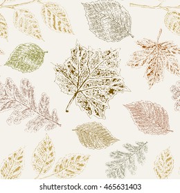 Seamless nature pattern. Fallen leaves. Ink drawing vintage illustration