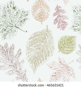 Seamless nature pattern. Fallen leaves. Ink drawing vintage illustration