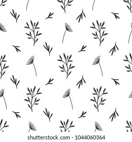 Seamless nature pattern. Flat botanical ornament with minimalistic elements in monochrome. Simple vector repeating texture. Modern swatch. Plants background for textile, print and any your design.