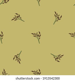 Seamless nature pattern with floral brown leaf branches shapes. Green olive pale background. Doodle print. Stock illustration. Vector design for textile, fabric, giftwrap, wallpapers.