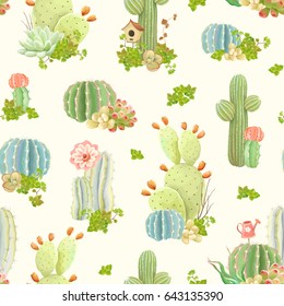 Seamless nature pattern with flowers, cactus and succulents, vector illustration in vintage style.