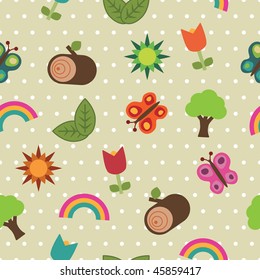 seamless nature pattern of foliage and butterflies with clipping mask