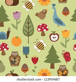 seamless nature pattern with foliage and wildlife, with clipping path