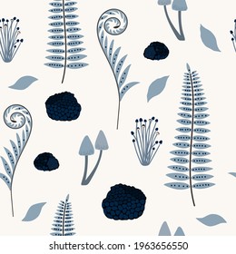 Patrón natural sin foco de un hongo forestal, trufa negra, helecho, aislado, diseño sobre fondo blanco. Símbolo, icono, ilustración vectorial, elementos botánicos, estilo minimalista, dibujado a mano. 