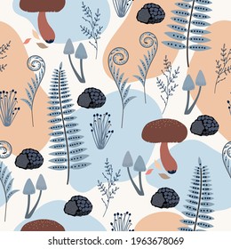 Seamless nature pattern of a forest mushroom, black truffle, fern, isolated, design on white background. Symbol, icon, vector illustration, botanical elements, style of minimalist, hand drawn. 