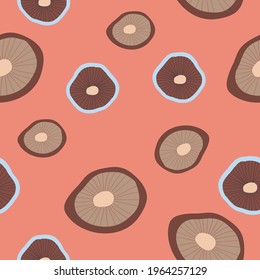 Seamless nature pattern of a forest mushrooms, isolated design on pink background. , botanical elements Icon symbols in minimalist style, hand drawn vector illustration. 
