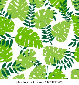 Seamless nature pattern with fresh green leaves on white background. Botanical summer pattern. Vector illustration for your graphic design.