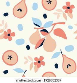 Seamless nature pattern, gardening. Abstract flowers, vases, shapes and elements, drawing on  white background, hand drawn, packaging, wallpaper, design for textiles, vector illustration.