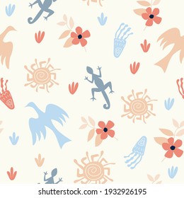 Seamless nature pattern, gardening. Abstract flowers, bird, lizard, shapes and elements, drawing on  white background, hand drawn, packaging, wallpaper, design for textiles, vector illustration.