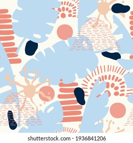 Seamless nature pattern, gardening. Abstract flowers, shapes and elements, drawing on  white background, hand drawn, packaging, wallpaper, design for textiles, vector illustration.
