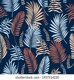 Seamless nature pattern, gardening. Abstract plants, palm leaf, shapes and elements, drawing on  white background, hand drawn, packaging, wallpaper, design for textiles, vector illustration.