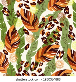 Seamless nature pattern, gardening. Abstract flowers and leaves, drawing on a white background, abstract, hand drawn, packaging, wallpaper, design for textiles, vector illustration.