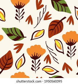 Seamless nature pattern, gardening. Abstract flowers and leaves, drawing on a white background, abstract, hand drawn, packaging, wallpaper, design for textiles, vector illustration.