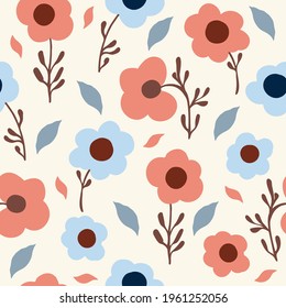 Seamless nature pattern, gardening. Abstract flowers, drawing on a white background, blue and red color,  hand drawn, packaging, wallpaper, design for textiles, vector illustration.