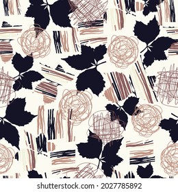 Seamless nature pattern, gardening. Abstract shapes and leaves, drawing on  white background, brown color, hand drawn, packaging, wallpaper, design for textiles, vector illustration.