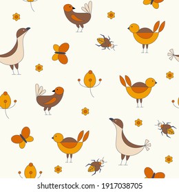 Seamless nature pattern, gardening. Birds, butterfly, bug,  flowers, drawing on a white background, abstract, hand drawn, packaging, wallpaper, design for textiles, vector illustration.
