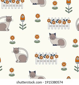 Patrón natural sin foco, jardinería. Gatos, flores, dibujos sobre fondo blanco, abstracto, dibujado a mano, embalaje, papel pintado, diseño para textiles, ilustración vectorial.