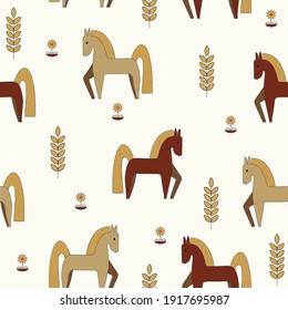 Seamless nature pattern, gardening. Horses, flowers, drawing on a white background, abstract, hand drawn, packaging, wallpaper, design for textiles, vector illustration.