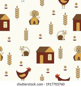 Seamless nature pattern, gardening. House, dog, cat, flowers, drawing on a white background, abstract, hand drawn, packaging, wallpaper, design for textiles, vector illustration.