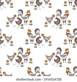 Seamless nature pattern, gardening. Rooster and two hens, eggs, flowers, drawing on a white background, abstract, hand drawn, packaging, wallpaper, design for textiles, vector illustration.