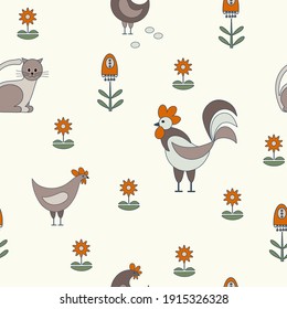 Seamless nature pattern, gardening. Rooster, hens, eggs, cat, flowers, drawing on a white background, abstract, hand drawn, packaging, wallpaper, design for textiles, vector illustration.