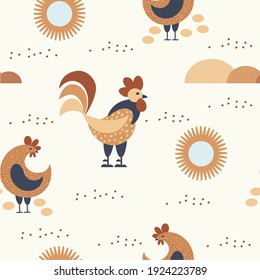 Patrón natural sin foco, jardinería. Rooster y gallinas, huevos, sol, día, dibujo sobre fondo blanco, abstracto, dibujado a mano, envasado, papel pintado, diseño para textiles, ilustración vectorial. 