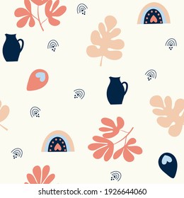 Seamless nature pattern, gardening. Vases, botanical elements, drawing on a white background, abstract, hand drawn, packaging, wallpaper, design for textiles, vector illustration.