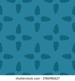 Seamless nature pattern in geometric style with simple oak leaves silhouettes. Blue background. Vector illustration for seasonal textile prints, fabric, banners, backdrops and wallpapers.