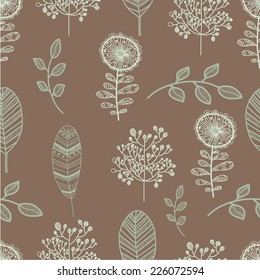 Seamless nature pattern with graphic brunch and flowers.  Hand drawing leaves vector illustration.