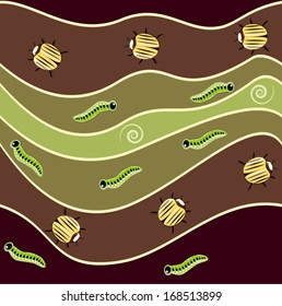 Seamless nature pattern. Green and brown wavy diagonal stripes with cute yellow bugs, green caterpillar and spirals. Fabric, wallpaper, pattern fills, web page background,surface texture.
